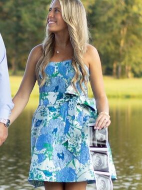 Blue Floral Strapless A-Line Dress from Hazel and Olive